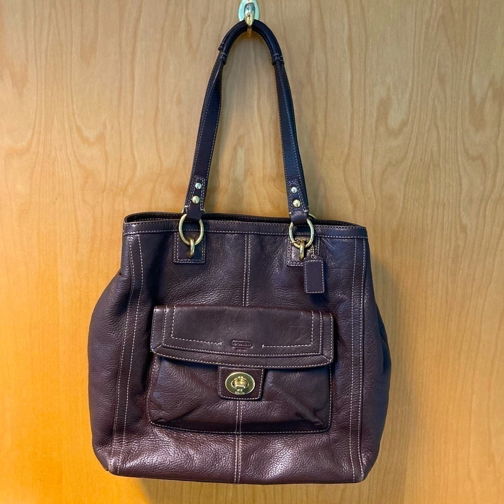 COACH Penelope Soft Pebbled Turnlock Carryall Deep Brown Tote Bag - Picture 1 of 9